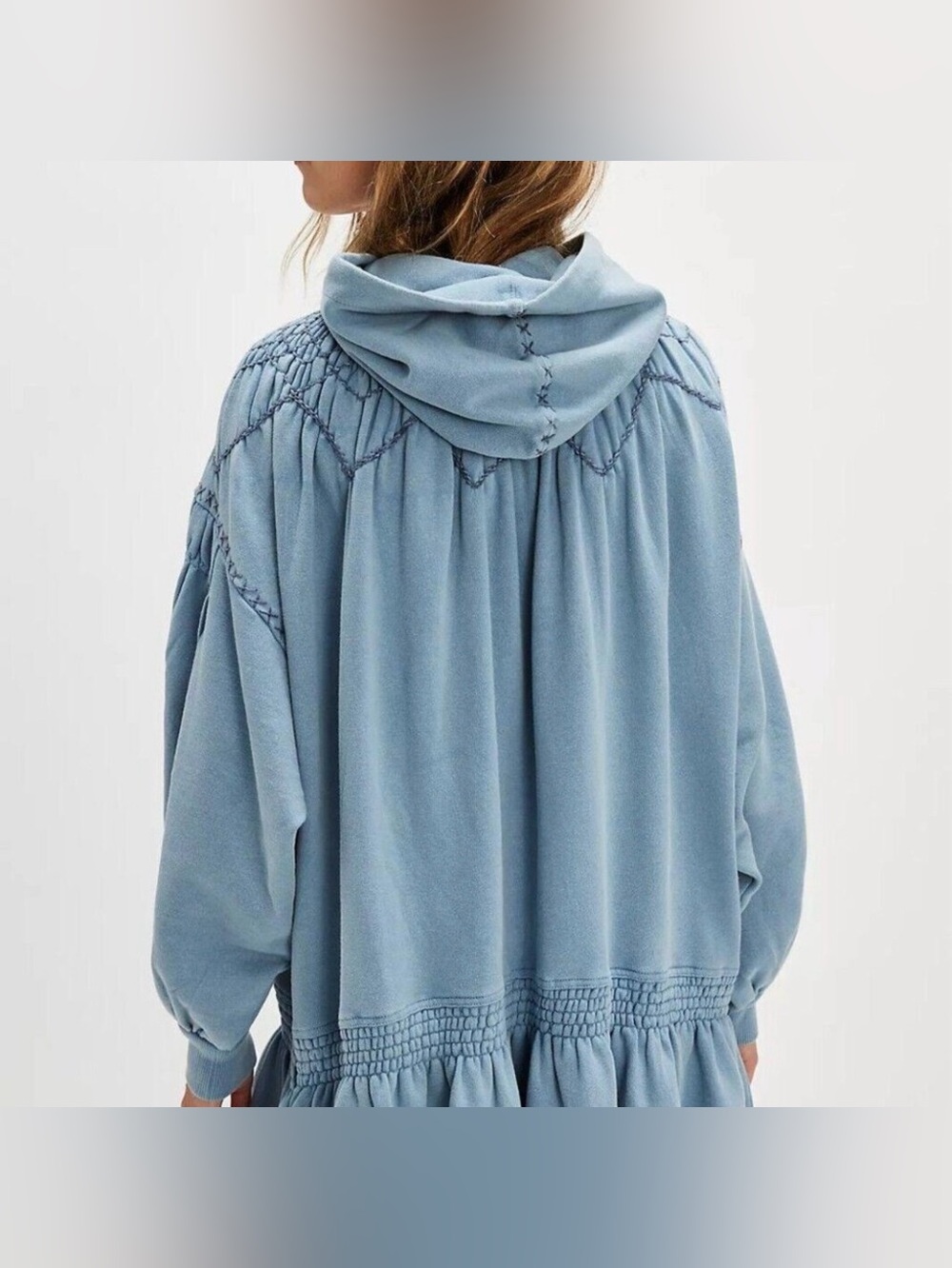 New Free People XS Marty Smocked Mini Sweatshirt Dress Hoodie Blue NWOT $198 - Picture 3 of 8